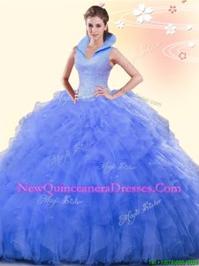 High-neck Sleeveless Tulle Sweet 16 Dress Beading and Ruffles Backless