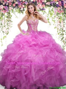Beauteous Lilac Ball Gowns Organza Sweetheart Sleeveless Beading and Ruffles Floor Length Lace Up Sweet 16 Dress