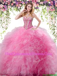 Luxury Sleeveless Tulle Floor Length Lace Up Ball Gown Prom Dress inRose Pink withBeading and Ruffles