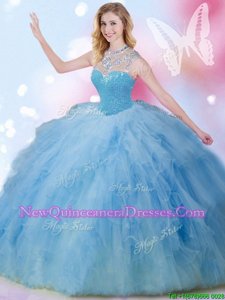 Cheap Blue Tulle Zipper 15th Birthday Dress Sleeveless Floor Length Beading and Ruffles and Sequins