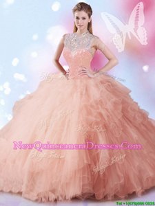 Admirable Sequins Ball Gowns 15 Quinceanera Dress Peach High-neck Tulle Sleeveless Floor Length Zipper