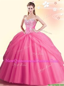 Beauteous Watermelon Red Ball Gowns Sweetheart Sleeveless Tulle Floor Length Lace Up Beading Vestidos de Quinceanera
