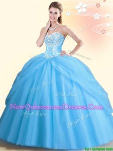 Customized Aqua Blue Ball Gowns Tulle Sweetheart Sleeveless Beading Floor Length Lace Up Vestidos de Quinceanera