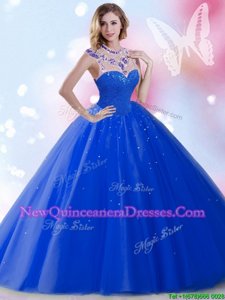 Dynamic Floor Length Royal Blue Quinceanera Gowns Tulle Sleeveless Spring and Summer and Fall and Winter Beading and Sequins