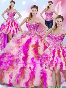 Most Popular Four Piece Multi-color Lace Up Sweet 16 Dress Beading and Ruffles Sleeveless Floor Length