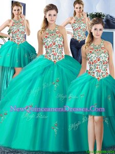 Sophisticated Four Piece Pick Ups Floor Length Turquoise Sweet 16 Dresses Halter Top Sleeveless Lace Up
