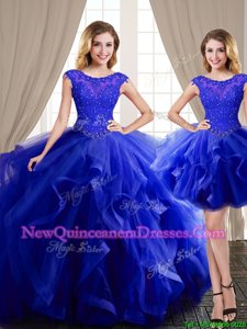 Luxurious Three Piece Royal Blue Quinceanera Gowns Military Ball and Sweet 16 and Quinceanera and For withBeading and Appliques and Ruffles Scoop Cap Sleeves Brush Train Lace Up
