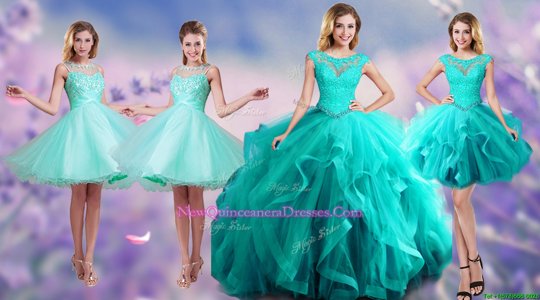 High End Scoop Aqua Blue Ball Gowns Beading and Appliques and Ruffles Sweet 16 Quinceanera Dress Lace Up Tulle Sleeveless Floor Length