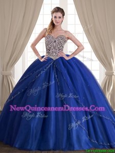 Beauteous Royal Blue Tulle Lace Up Sweetheart Sleeveless With Train Quince Ball Gowns Brush Train Beading