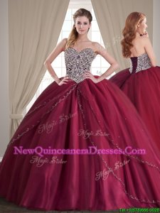 Enchanting Burgundy Tulle Lace Up Sweetheart Sleeveless With Train Sweet 16 Dresses Brush Train Beading