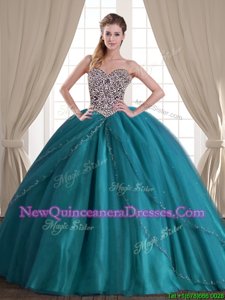 Dramatic Sweetheart Sleeveless Tulle Ball Gown Prom Dress Beading Brush Train Lace Up