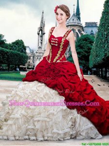 Flare Straps Straps White And Red Organza and Taffeta Lace Up Sweet 16 Quinceanera Dress Sleeveless With Brush Train Beading and Ruffles and Pick Ups