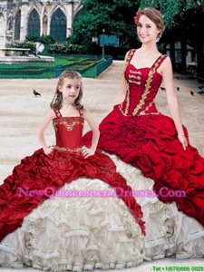 Traditional White And Red Organza and Taffeta Lace Up Straps Sleeveless With Train Sweet 16 Dress Brush Train Beading and Ruffles and Pick Ups
