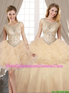 High Quality Three Piece Scoop Floor Length Lace Up Ball Gown Prom Dress Champagne and In for Military Ball and Sweet 16 and Quinceanera withBeading and Ruffles