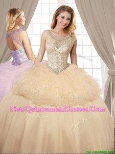 Modest Scoop Champagne Sleeveless Beading and Ruffles Floor Length Sweet 16 Dresses