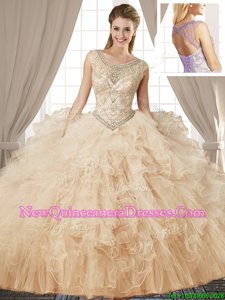 Scoop Spring and Summer and Fall and Winter Tulle Sleeveless Floor Length Ball Gown Prom Dress andBeading and Ruffles