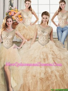 Excellent Four Piece Scoop Sleeveless Tulle Quinceanera Gown Beading and Ruffles Lace Up