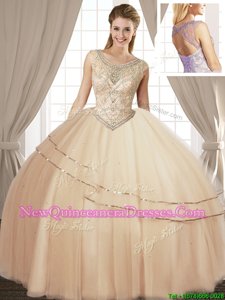 Champagne Tulle Lace Up Scoop Sleeveless Floor Length 15th Birthday Dress Beading