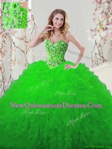 Hot Sale Floor Length Spring Green Quinceanera Dress Tulle Sleeveless Spring and Summer and Fall and Winter Embroidery and Ruffles
