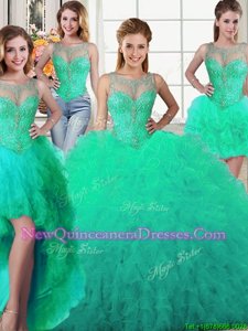 Gorgeous Four Piece Scoop Turquoise Ball Gowns Beading and Ruffles Vestidos de Quinceanera Lace Up Tulle Sleeveless Floor Length