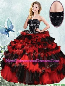 Glorious Black and Red Sleeveless Beading and Ruffled Layers Floor Length Sweet 16 Quinceanera Dress