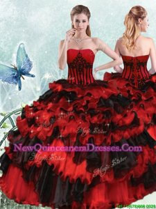 Fabulous Sleeveless Lace Up Floor Length Appliques and Ruffled Layers Quince Ball Gowns