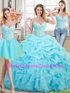 High End Three Piece Sweetheart Sleeveless Organza Quinceanera Gowns Beading and Ruffles and Pick Ups Lace Up