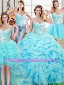 Flare Four Piece Sleeveless Organza Floor Length Lace Up Quinceanera Gown inAqua Blue withBeading and Ruffles and Pick Ups