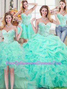Glittering Four Piece Apple Green Ball Gowns Beading and Ruffles and Pick Ups Quinceanera Gowns Lace Up Organza Sleeveless Floor Length