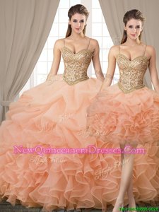 Affordable Three Piece Peach Sleeveless Beading and Ruffles and Pick Ups Floor Length Sweet 16 Dress