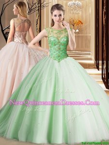 Dynamic Spring Green Tulle Lace Up Scoop Sleeveless Sweet 16 Quinceanera Dress Brush Train Beading