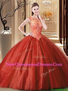 Trendy Scoop Sleeveless Beading Lace Up 15 Quinceanera Dress with Wine Red Brush Train