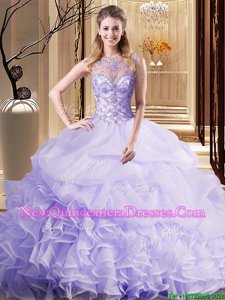 Free and Easy Scoop Spring and Summer and Fall and Winter Organza Sleeveless Quinceanera Gown Brush Train andBeading and Ruffles and Pick Ups