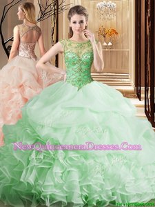 High Class Scoop Spring and Summer and Fall and Winter Organza Sleeveless 15 Quinceanera Dress Brush Train andBeading and Ruffles and Pick Ups