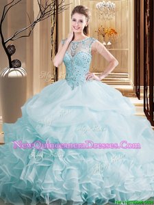 Clearance Light Blue Organza Lace Up Scoop Sleeveless Quinceanera Gowns Brush Train Beading and Ruffles and Pick Ups