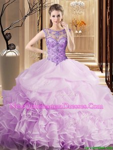 Decent Scoop Lilac Lace Up Vestidos de Quinceanera Beading and Ruffles and Pick Ups Sleeveless Brush Train