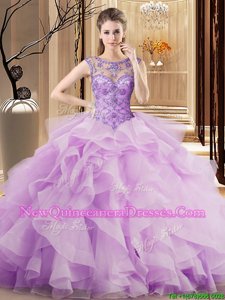 Fabulous Scoop Sleeveless Beading and Ruffles Lace Up 15th Birthday Dress with Lavender Brush Train