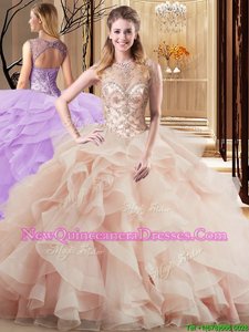 Shining Scoop Peach Quince Ball Gowns Tulle Brush Train Sleeveless Spring and Summer and Fall and Winter Beading and Ruffles