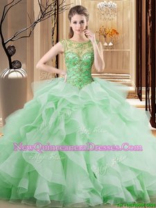 Flirting Scoop Spring Green Tulle Lace Up Sweet 16 Quinceanera Dress Sleeveless Brush Train Beading and Ruffles