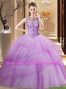 Eye-catching Scoop Sleeveless Quinceanera Dresses Brush Train Beading and Ruffled Layers Lilac Tulle