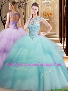 Super Light Blue Scoop Lace Up Beading and Ruffled Layers Sweet 16 Dresses Brush Train Sleeveless