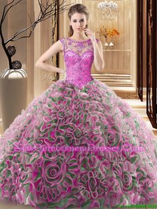 Elegant Scoop Sleeveless Fabric With Rolling Flowers Vestidos de Quinceanera Beading Sweep Train Lace Up