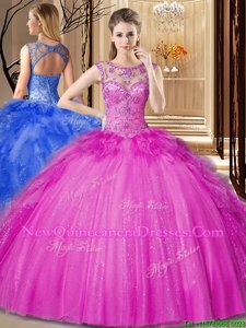 Ball Gowns Quinceanera Gowns Hot Pink Scoop Tulle Sleeveless Floor Length Lace Up