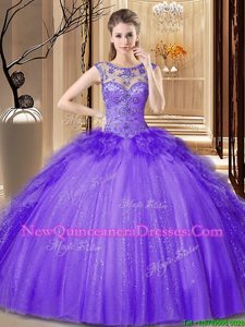 Popular Scoop Sleeveless 15 Quinceanera Dress Floor Length Sequins Purple Tulle