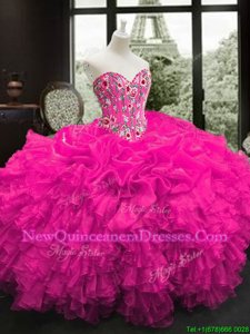 Glamorous Fuchsia Ball Gowns Organza Sweetheart Sleeveless Embroidery and Ruffles Floor Length Lace Up Sweet 16 Quinceanera Dress