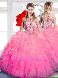 Hot Pink Lace Up Halter Top Beading and Ruffles Quinceanera Dress Tulle Sleeveless