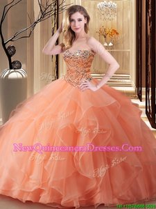 Glamorous Peach Tulle Lace Up Sweetheart Sleeveless Floor Length Quinceanera Gowns Beading