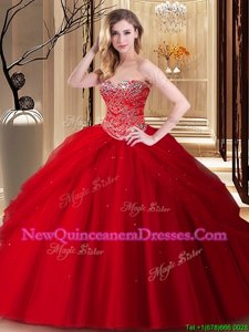 Super Red Sweetheart Lace Up Beading Quince Ball Gowns Sleeveless