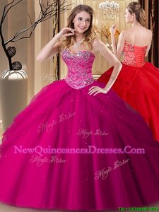Classical Floor Length Fuchsia 15th Birthday Dress Tulle Sleeveless Spring and Summer and Fall and Winter Beading