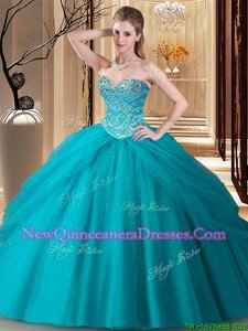 Delicate Beading Quinceanera Dresses Teal Lace Up Sleeveless Floor Length